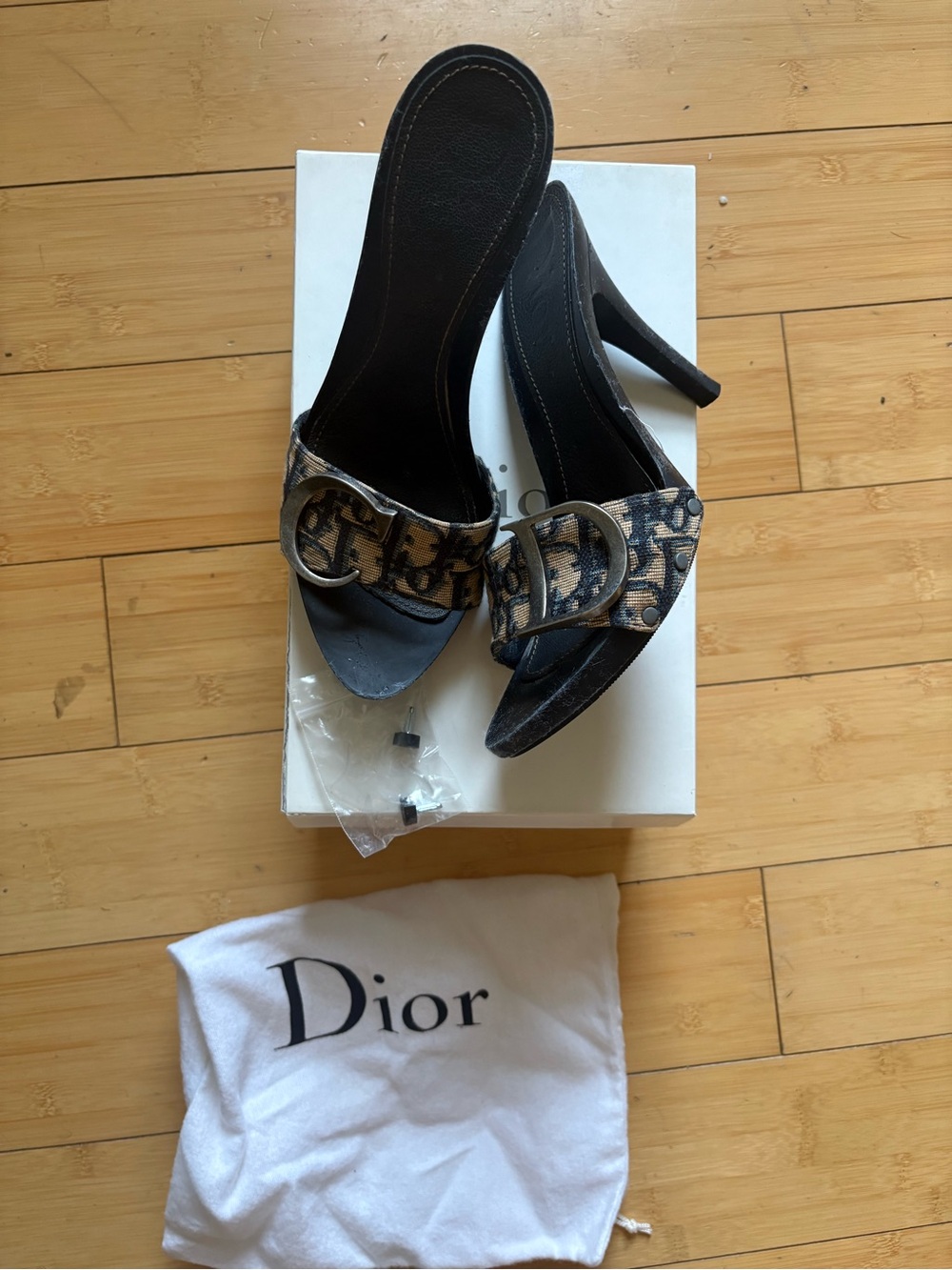 Dior Black & Beige Logo Slip-On Heeled Sandals with Buckle